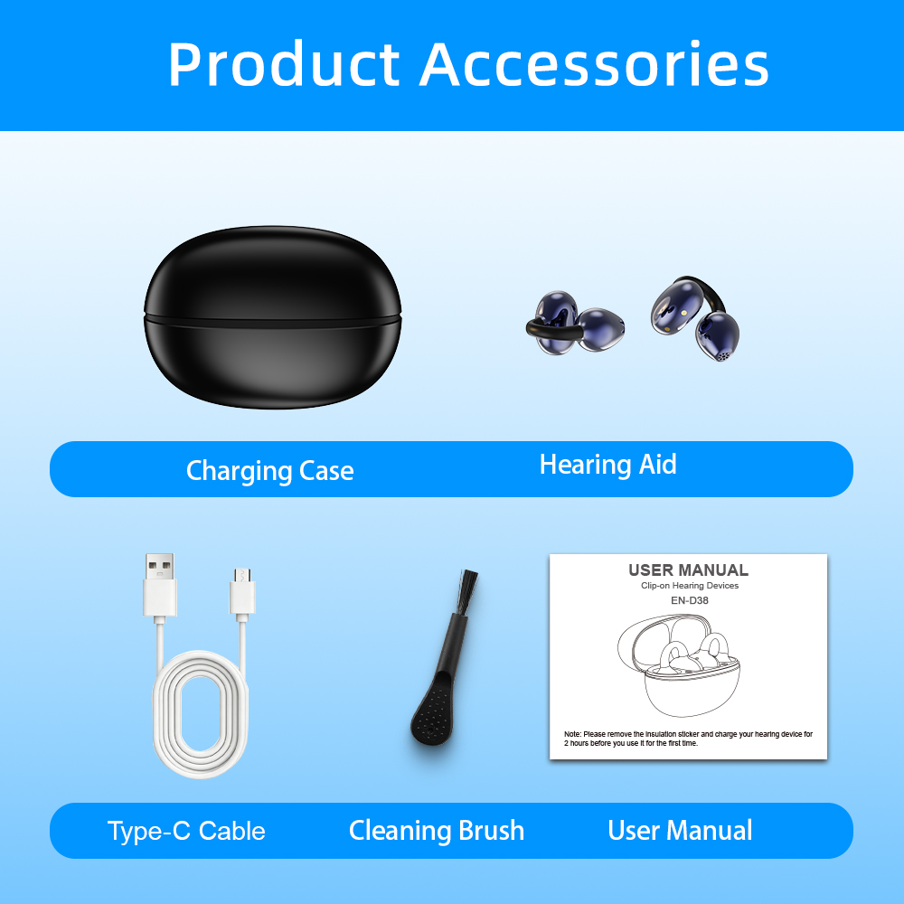 D38 charging case, hearing aids, Type-C cable, cleaning brush and user manual