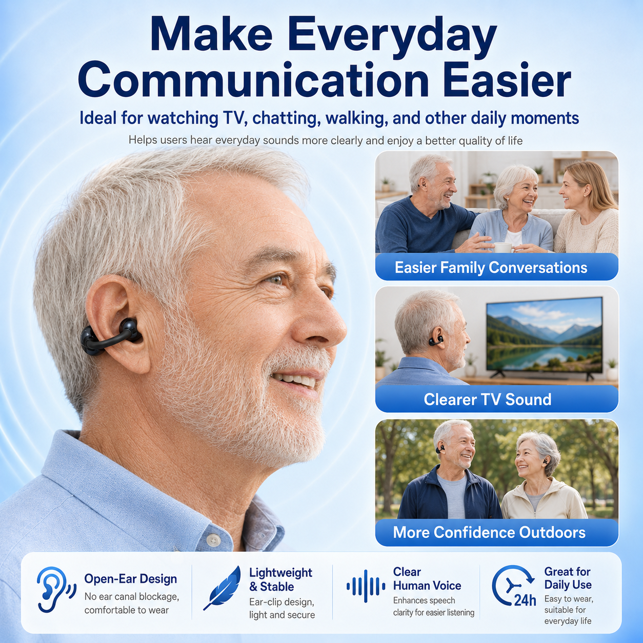 D38 hearing aid used for family conversations, television and outdoor activities
